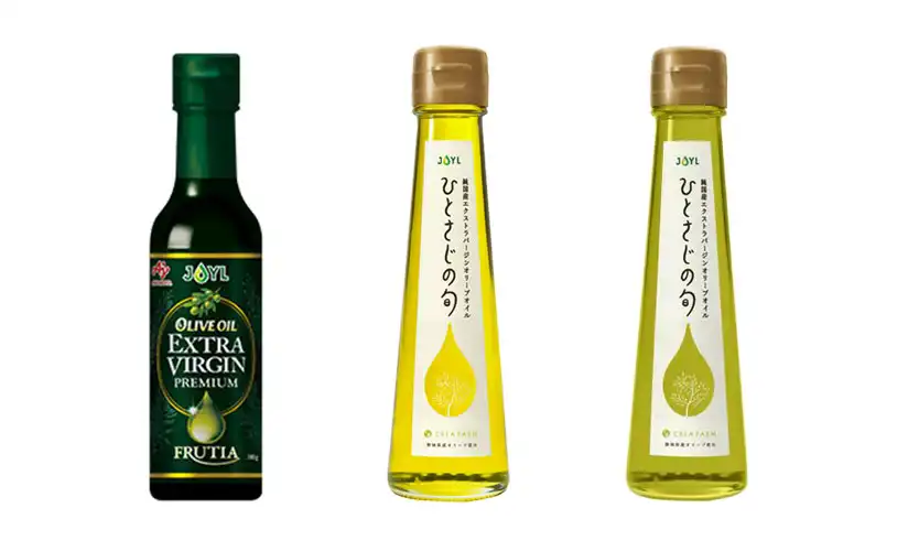 JOYL「AJINOMOTOオリーブオイルエクストラバージン FRUTIA PREMIUM」（左）とJOYL「ひとさじの旬CREA FARM」（中央：アルベキーナ種／右：コロネイキ種）