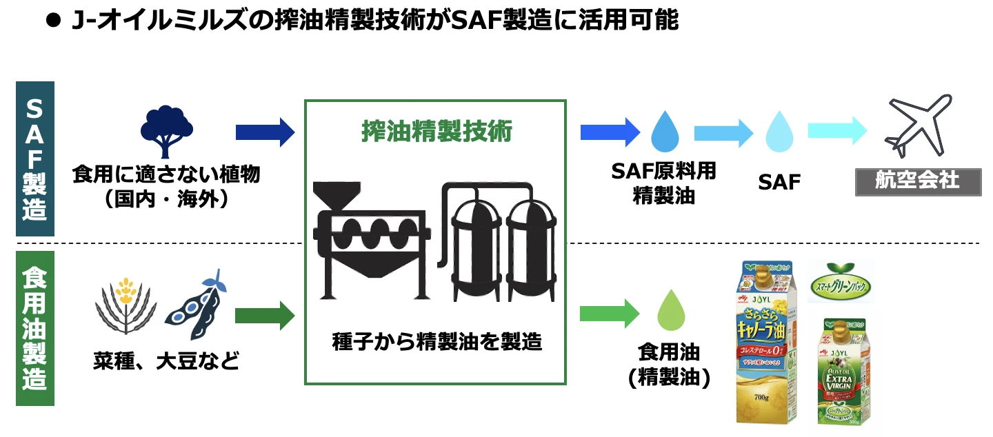 J-オイルミルズの搾油精製技術がSAF製造に活用可能